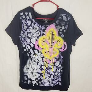 Ransom black fleur de lis top Size 3X Retro Y2K Grunge Artsy Rhinestone Boho